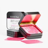 Elvena Night Calm Oral Strips packaging with open lid showing pink strips on a white background. Raspberry-flavored nightly routine