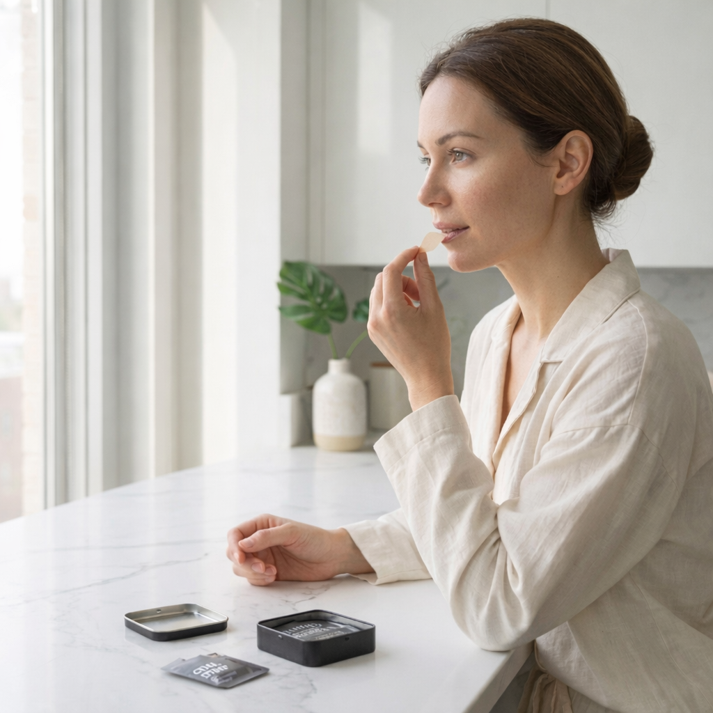 Woman placing a fast-melting digestive strip on her tongue while sitting at a kitchen table with an open ELVENA Digestive Wellness Strips tin and sachet